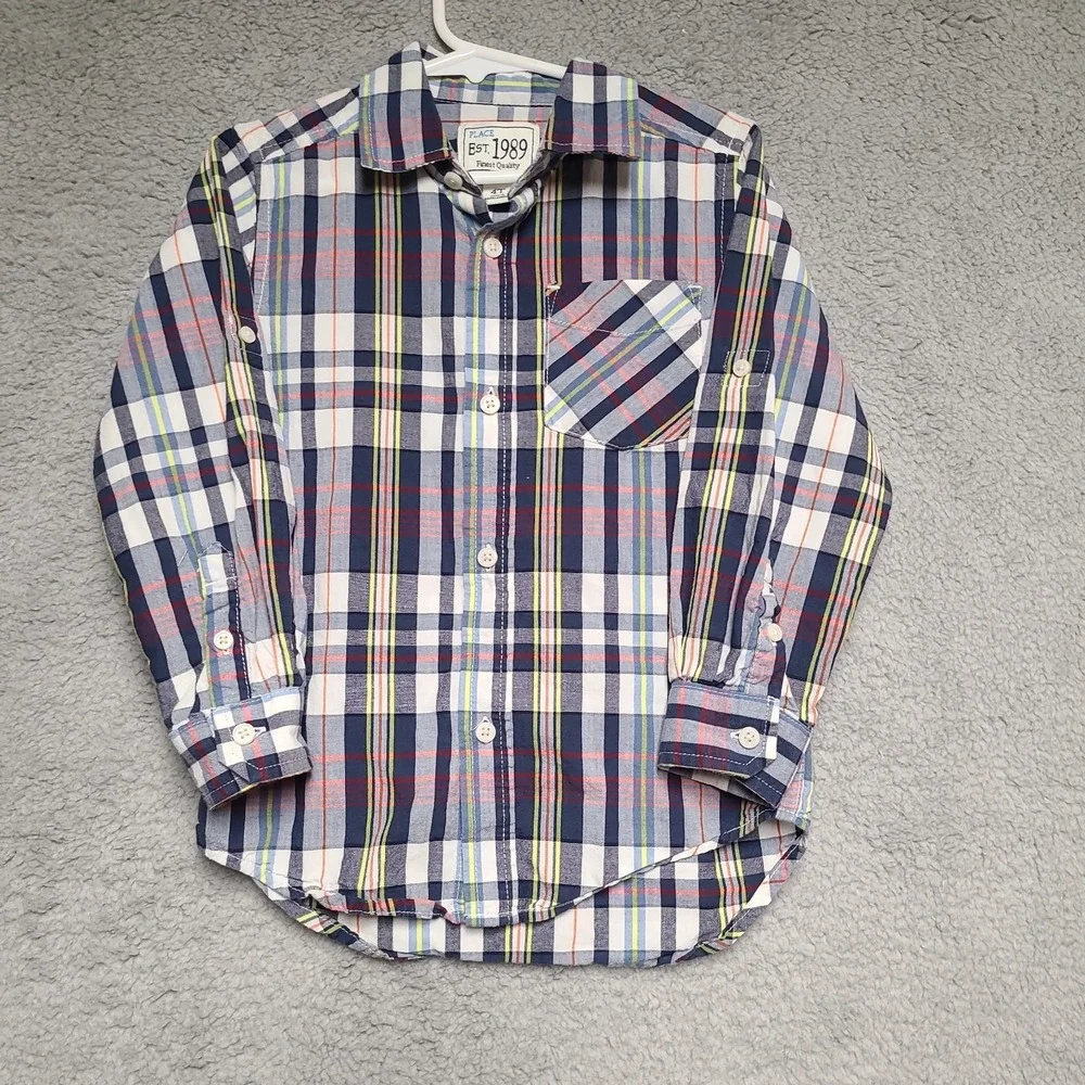 PLACE Boys Plaid Button Down Shirt 4T Long Sleeve Cotton Casual‎